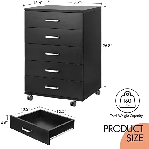 Kommode mit 5 Schubladen, Kommode mit Rädern, schwarz