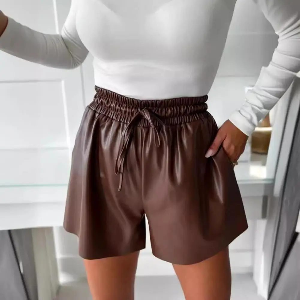 

Women Shorts Smooth Faux Leather Retro Shorts Drawstring High Elastic Waist Pleated Side Pockets Club Party Dtaing Mini Shorts