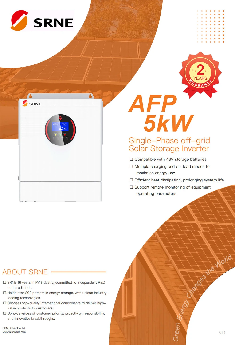 SRNE 5KW 220VAC Off-grid Inverter 48VDC Single Phase Hybrid Solar Inverter PV Max 500VOC Mppt 100A Charger Max Parallel 6 Units