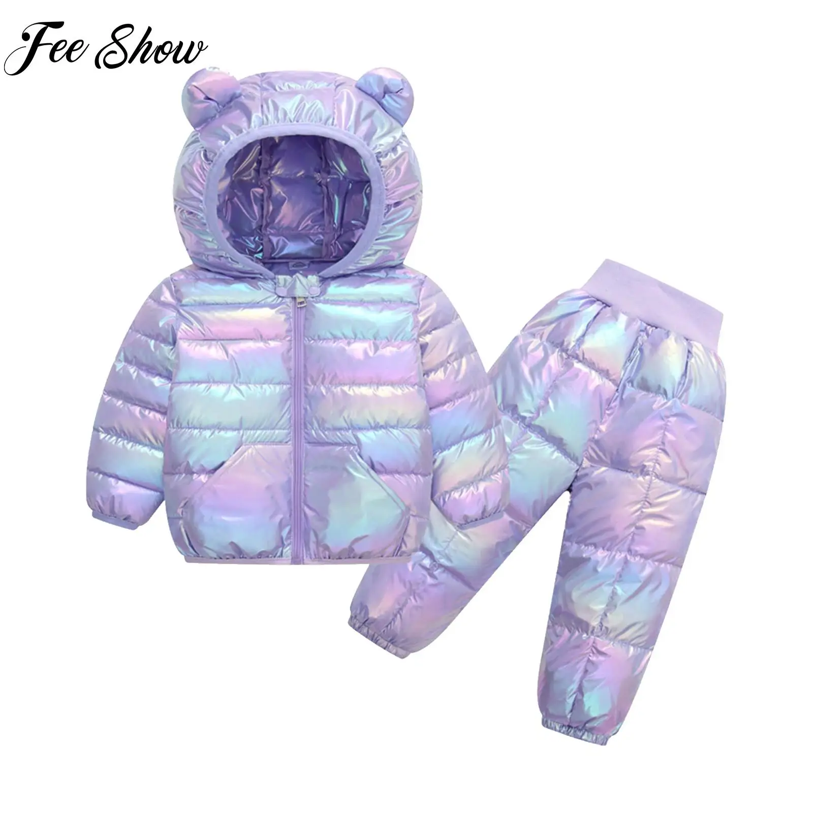 

Winter Baby Metallic Snowsuit Padded Ski Suit Kids Clothes Waterproof Long Sleeve Bear Ears Hooded Jacket+Pants Sportswear Sets