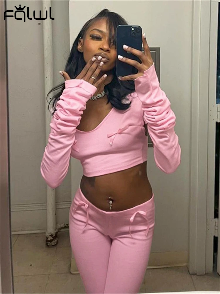 Habbris Autumn Pink Bows 2 Piece Set Casual Street Outfits For Women 2024V-Neck Long Sleeve Y2K Crop Tops And Pants Matching Set