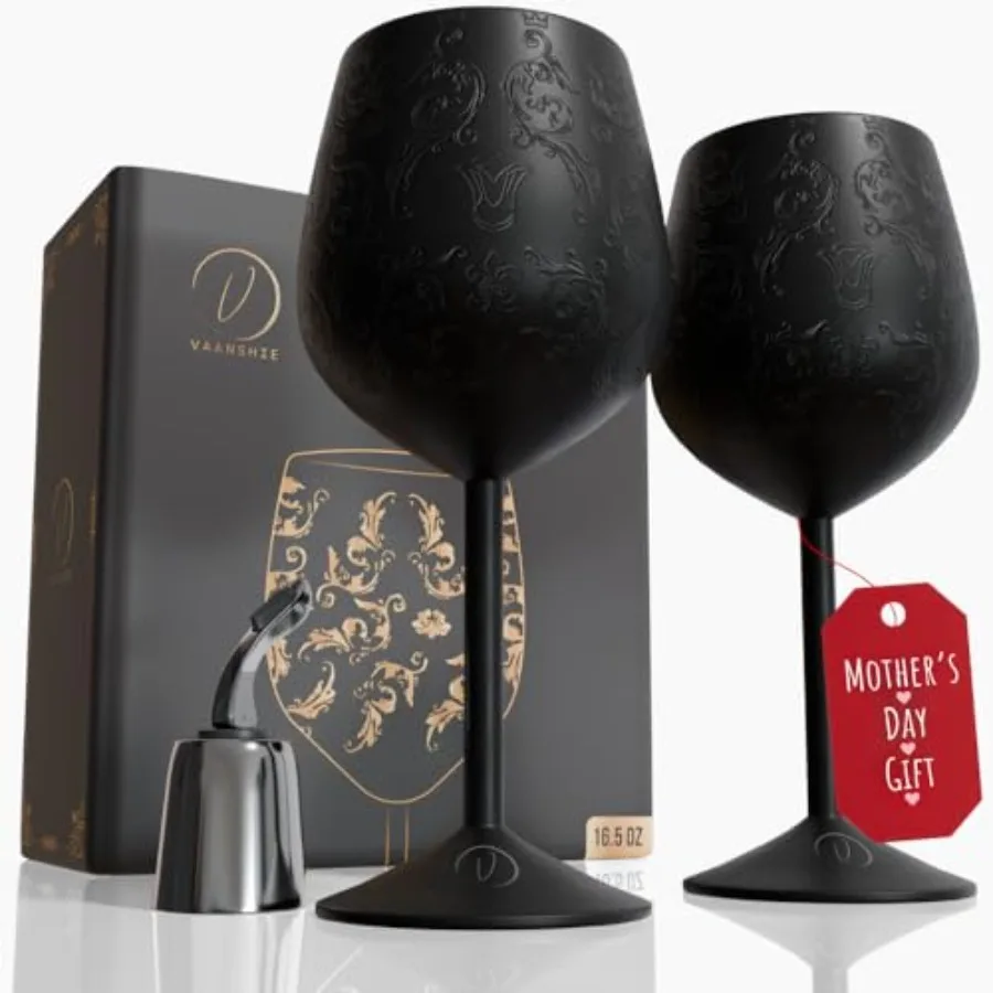

Mother's Day Gift for Mom Set of 2 Stainl Steel Wine Glasses, 17oz Engraved Goblets with Bottle Stopper, Unbreakable Elegant Wi