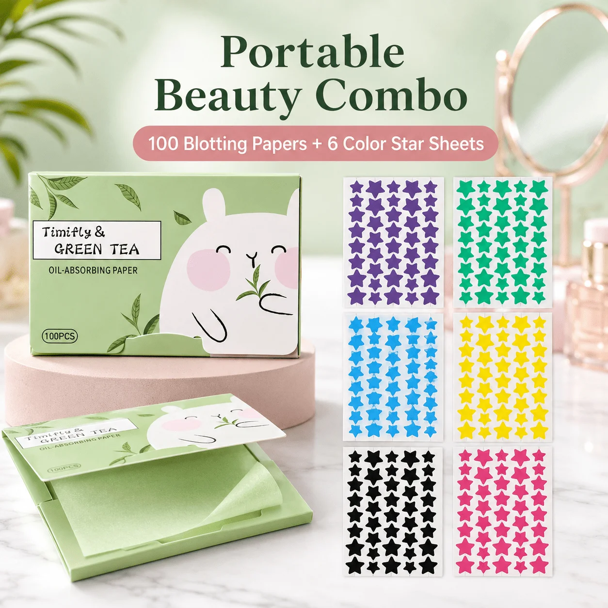 100PCS Green Tea Oil Blotting Papers & 6-Color Star Pimple Patch Sheets, Portable Beauty Set for Daily Care, Travel & Purse Use