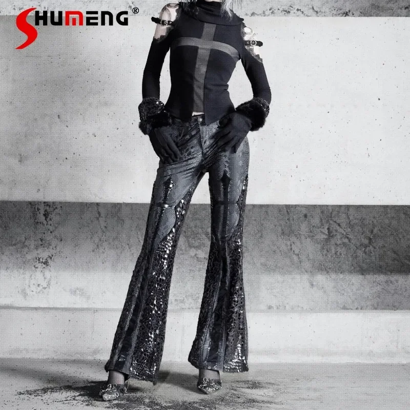 

Women's Clothing New Japanese Patent Leather Pants Goth Slim Fit Thickened Low Waist Black Thin Horn Trousers Autumn And Winter