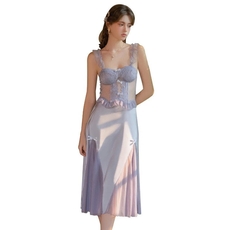 Deep V Elegant Nightdress Perspective Mesh Dress Temptation Backless Strap Long Skirt Sexy Underwear Home Sleeping Skirt 2026New