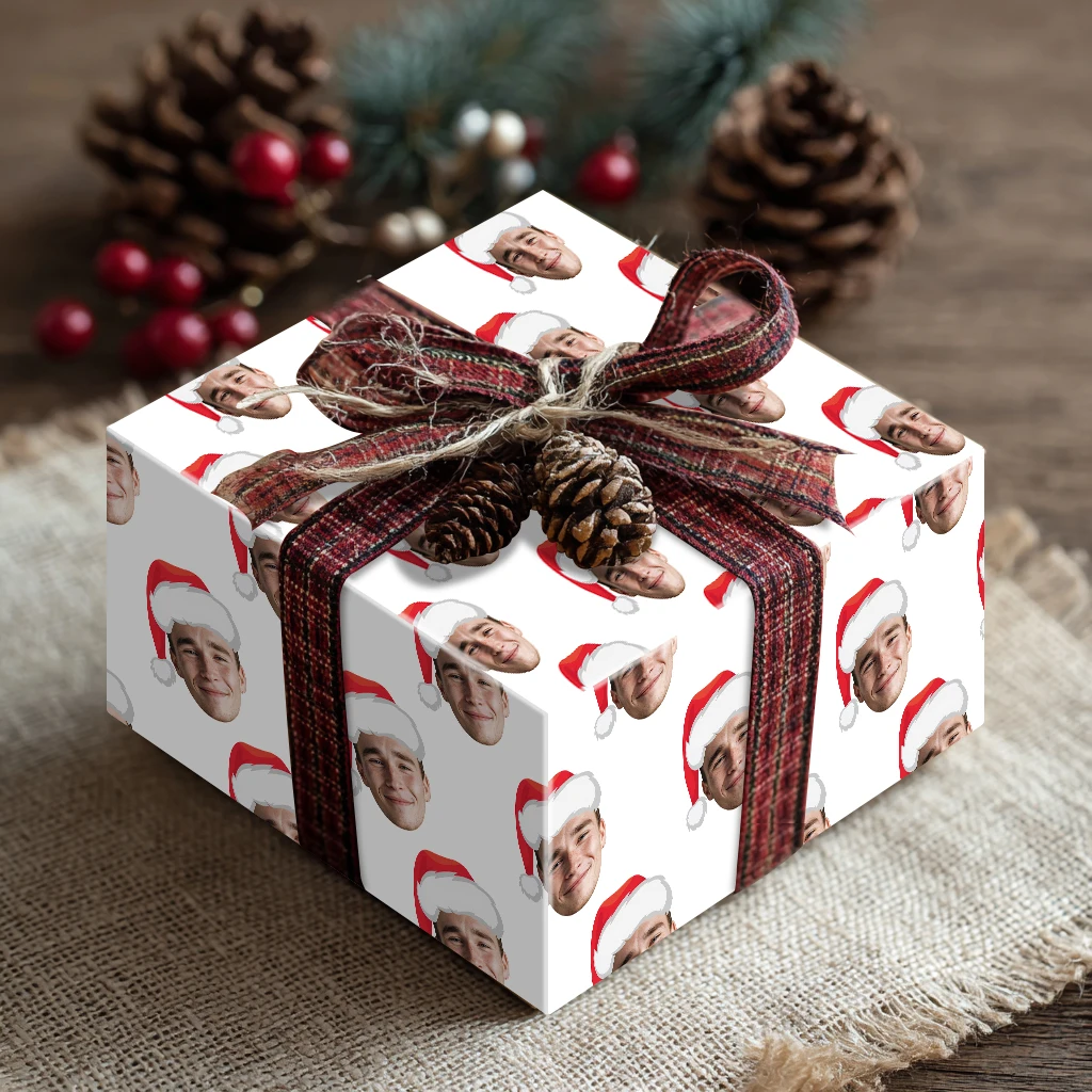 Maßgeschneidertes Foto-Verpackungspapier für Weihnachtsmützen, Dekorationsprodukte für Feiertage, Weihnachtsdekoration mit glücklichem Party-Motiv