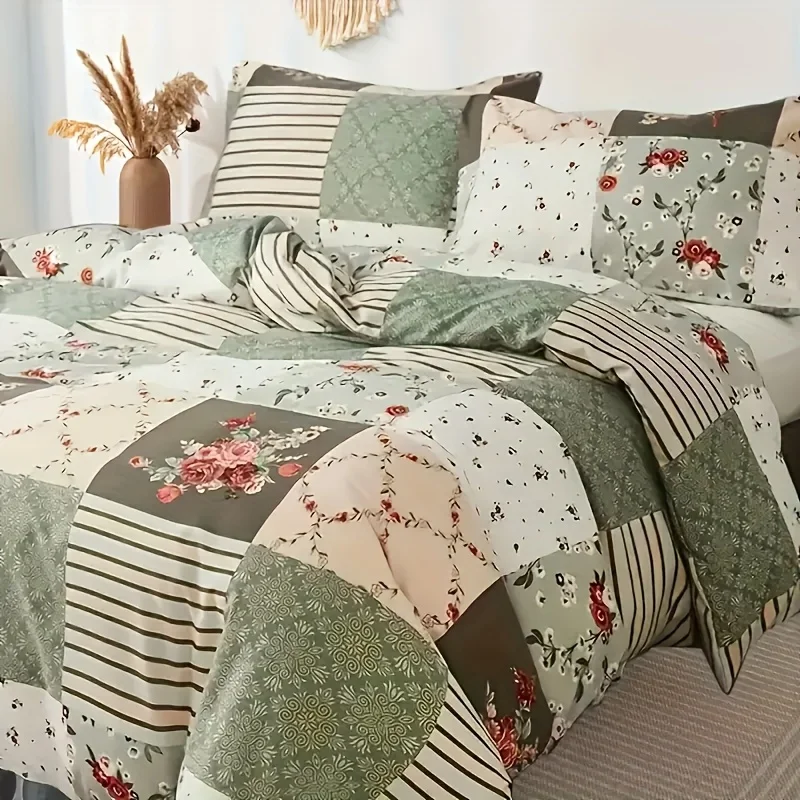 

Bohemian Floral Patchwork Bed Collection - Lightweight Microfiber Duvet Cover And Pillow Sham for All Seasons, Available in Twin