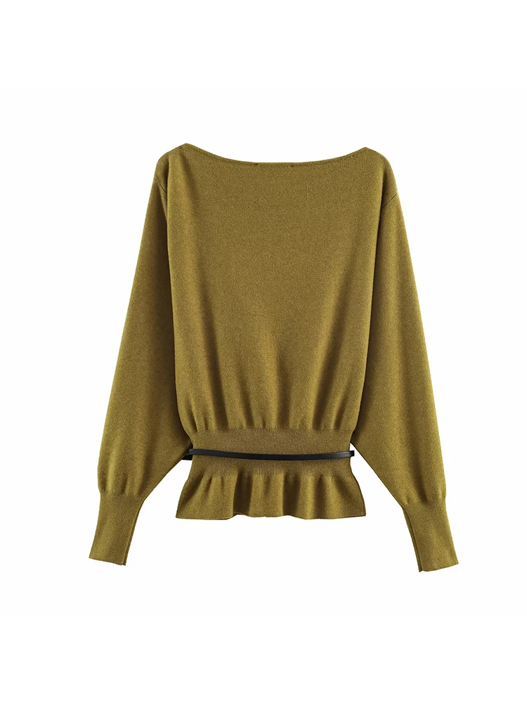 여성용 풀오버 스웨터 빈티지 패션 의류 벨트 풀오버 긴 소매 니트웨어 캐주얼 여성복