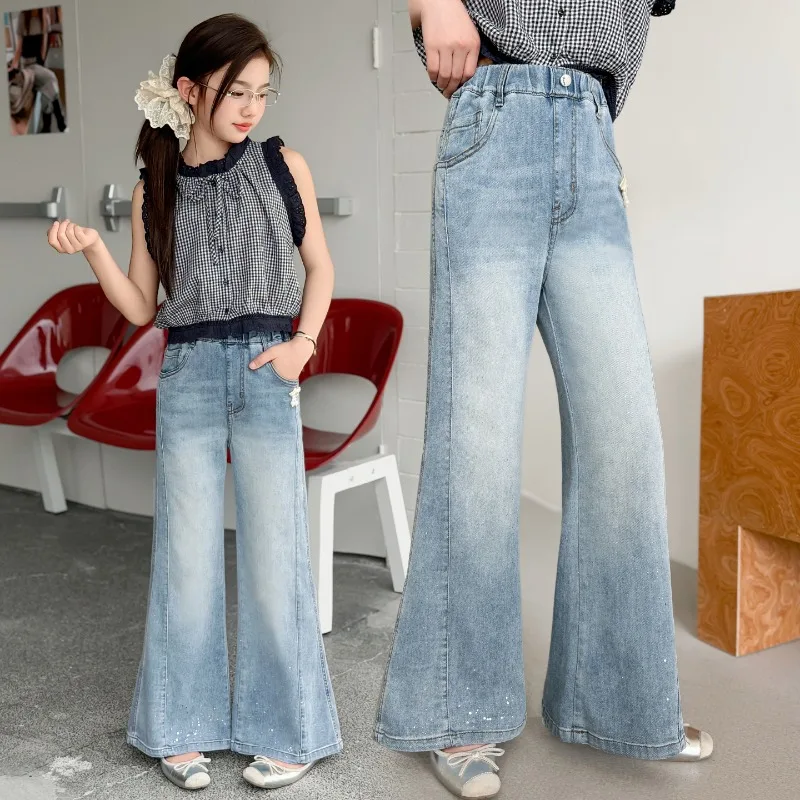 Girls Jeans Spring Autumn 2026 Light Blue Denim Pants with Bow Decor Elastic Waist Children Clothes Daily Wear Casual
