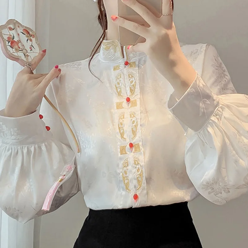 2024 New Summer Elegant Fashion Solid Color Print Retro Office Lady Women\'s Clothing Chinese Style Embroidery Turtleneck Tops