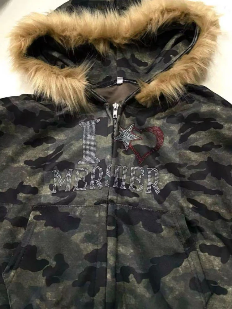 Autumn/Winter Women's New American Style Camouflage Hooded Sweatshirt Zip-Up Cropped Jacket Fleece-Lined Warm Removable Collar