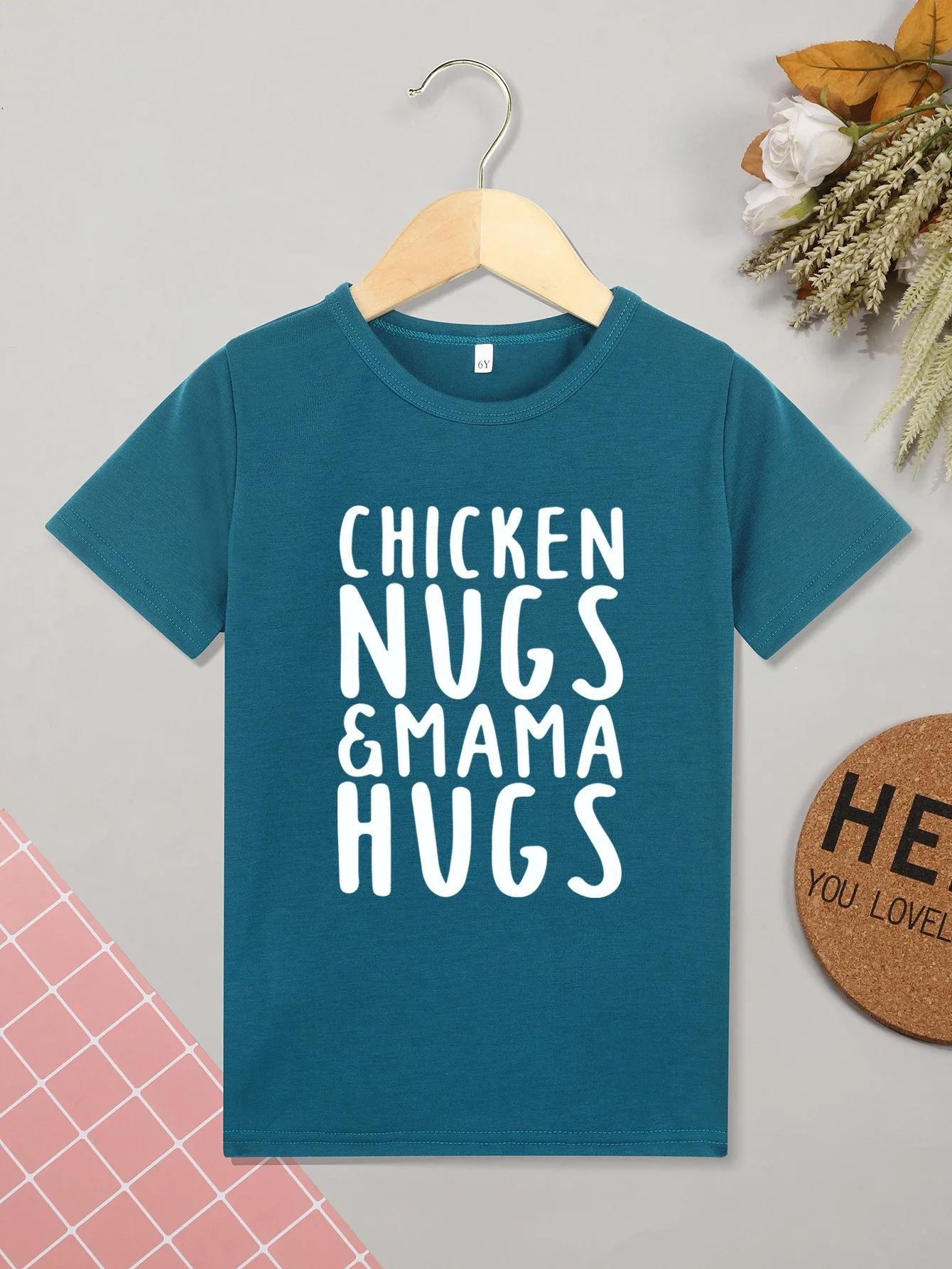 

Girls Boys "Chicken Nugs & Mama's Hugs" Round Neck T-shirt Tee Top Casual Soft Comfortable For Summer Kids Clothes