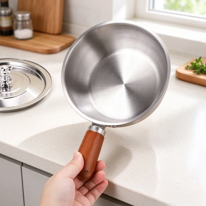 1pc Stainless Steel Milk Pot, Heat Resistant Wooden Handle Non-Slip Base Even Heating Induction Cookware Saucepan