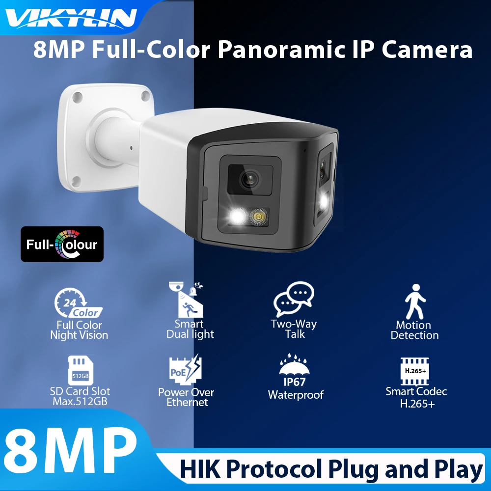 VIKYLIN Hikvision Compatible 8MP Dual-Lens Security Camera 180° Ultra Wide Panoramic IR&ColorVu 2-way Audio Surveillance Camera