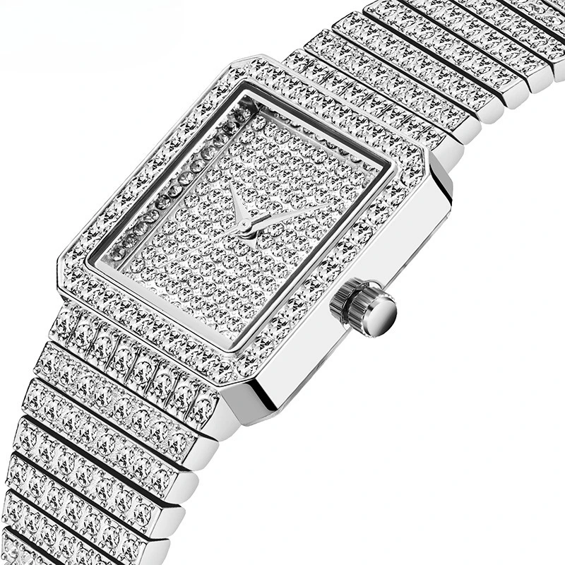 Gold Full Diamond Square Ladies Watch Bling Paved CZ Zircon Quartz Wrist Watch Luxury Dress Watch for Women