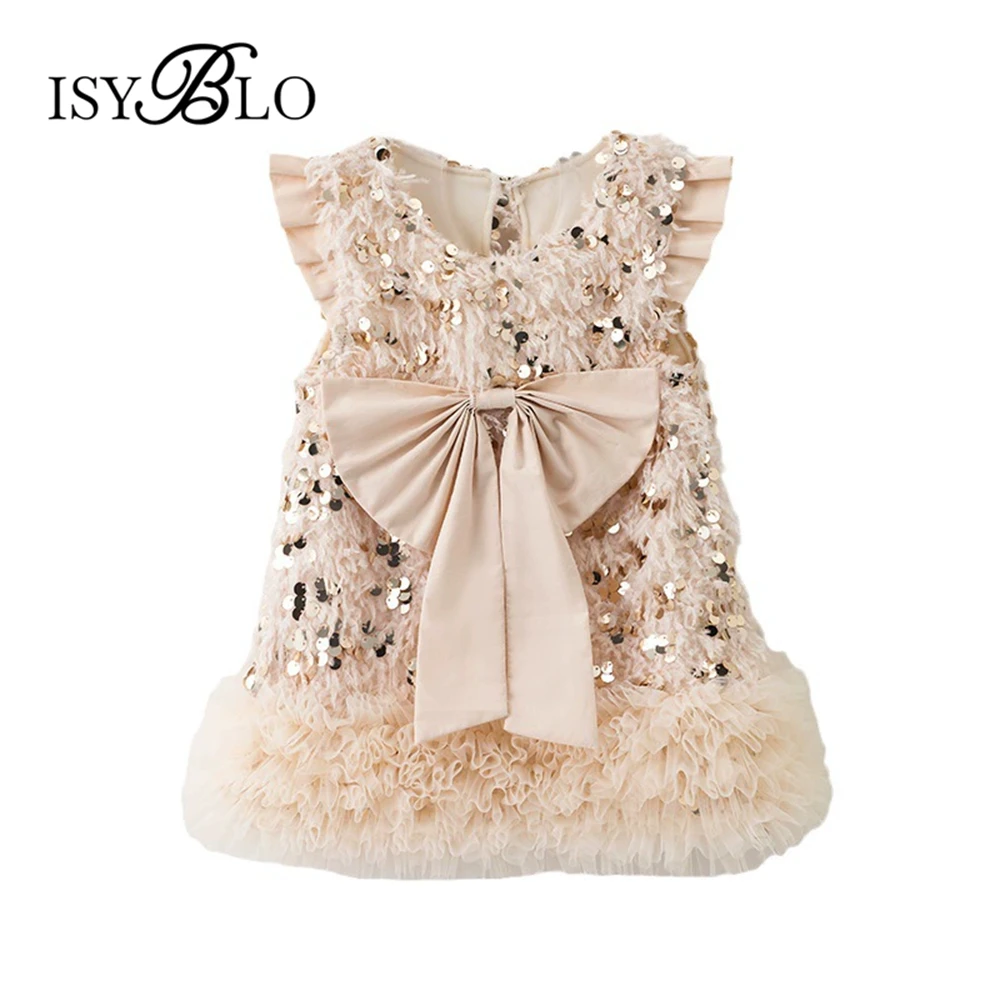 Sequined Dress for Chidren with Bow Beige Tutu Dresses from for Girls from 90-130cm Tall Real Images Christmas Party Gowns