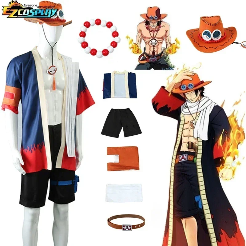 Portgas D. De una pieza Ace-disfraces de Cosplay para hombre y mujer, conjunto completo de accesorios de uniforme de Kimono de Anime, disfraces de Halloween