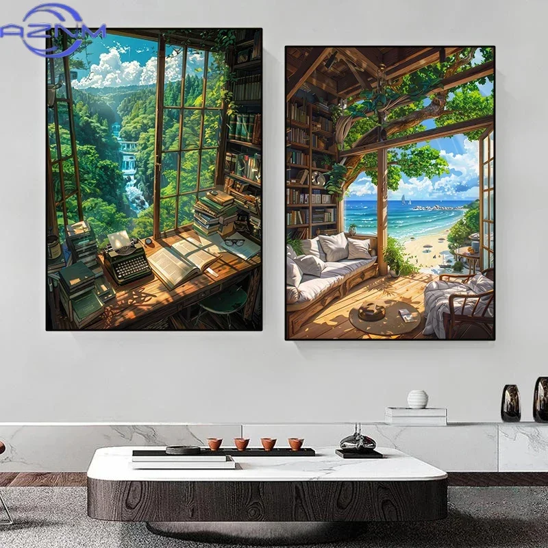 AZNM 1pc Frameless Modern Cartoon Seaside Cottage Summer Landscape Coast Villa Beach Life Canvas Painting Living Room Home Decor