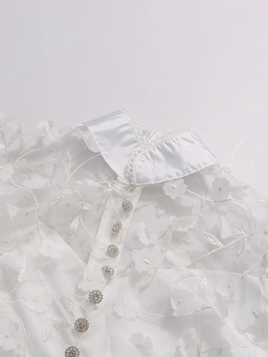 ชุดเดรสปักลายสีขาว CHICEVER สำหรับผู้หญิง คอตั้ง แขนยาว ทรงหลวม ผ้าโปร่ง แต่งผ้าต่อกัน ดีไซน์หรูหรา แฟชั่น