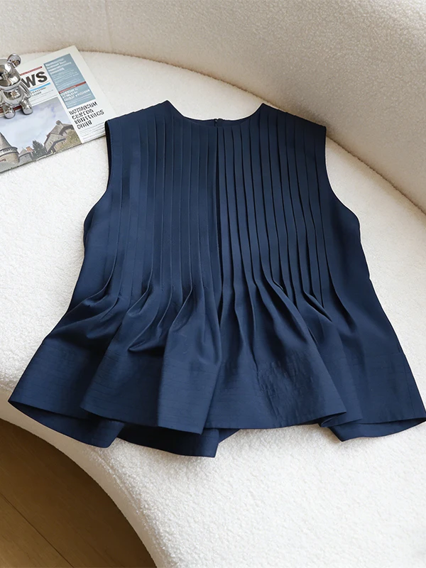 

Summer New plus Size Pleated round Neck Sleeveless Beautiful Vest Shirt Women Slimming Design Anti-Aging Small Shirt Casual S...