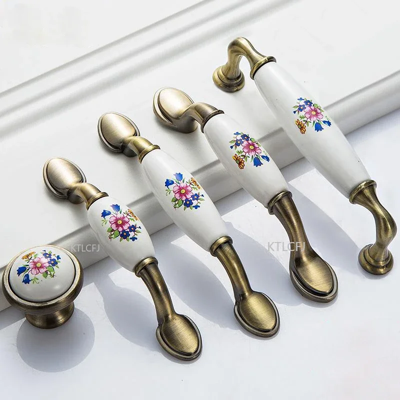 Flower Home Improvement Furnitur Cabinet Handl Ceramic Closet Handle European Style Ivory White Handle Hardware