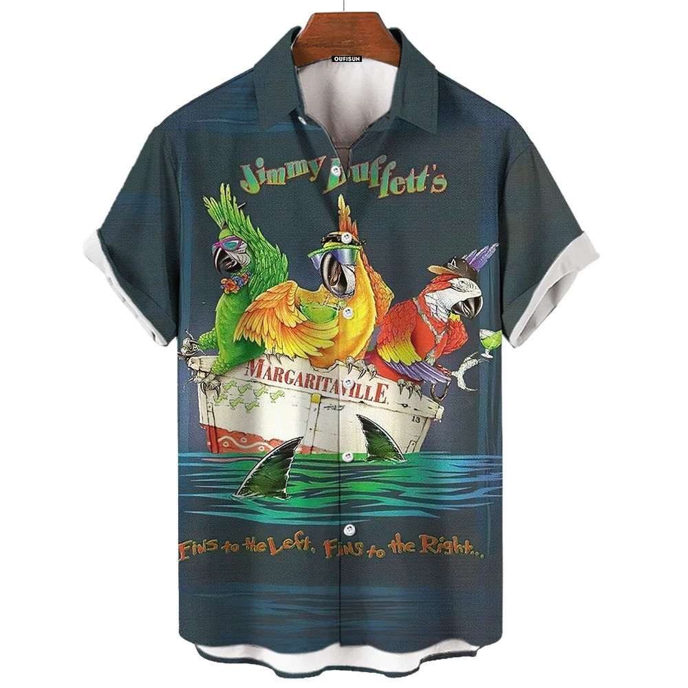 Men\'s Hawaiian Shirt Summer Short Sleeve Shirt 3D Parrot Print Pattern Casual Resort Clothing Lapel Button-Down Shirt T-Shirt