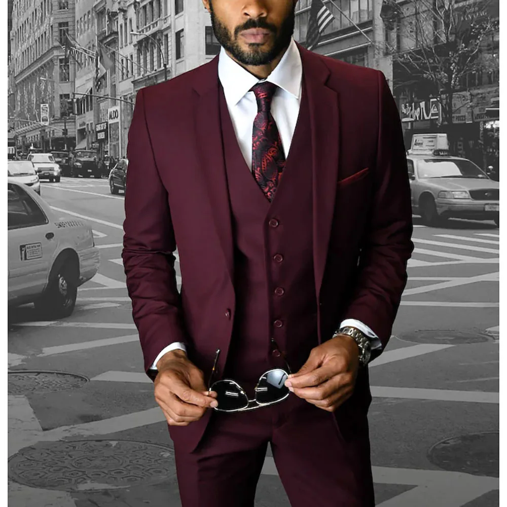 

Gentlemen Formal Men Suit Single Breasted Notch Lapel Flat Front Full Set Burgundy Yellow 3 Piece Jacket Pants Vest Blazer Homme