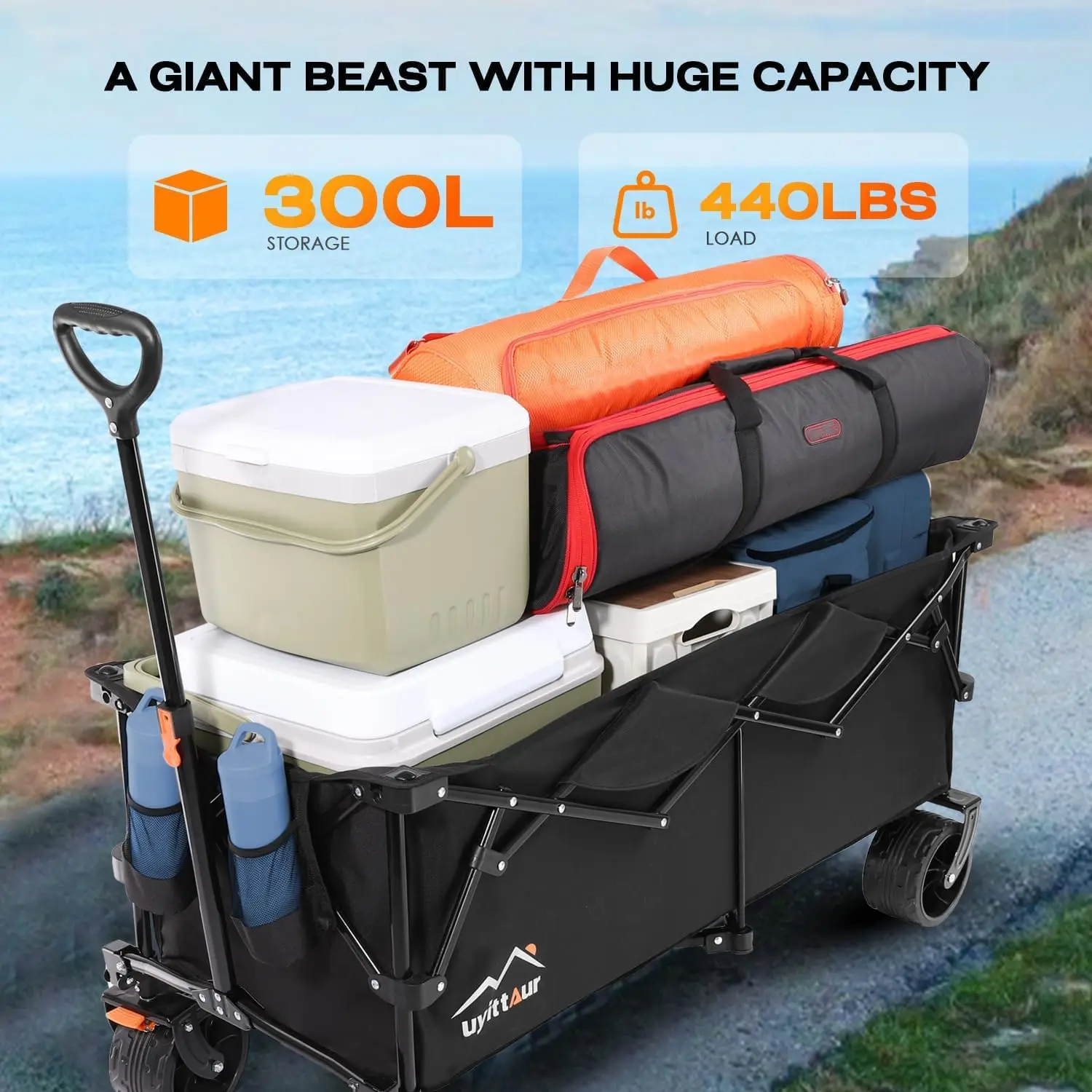 Large Collapsible Extended Beach Wagon Cart 300L, 440lbs Weight Capacity Heavy Duty Foldable Wagon with Big All-Terrain Wheels,