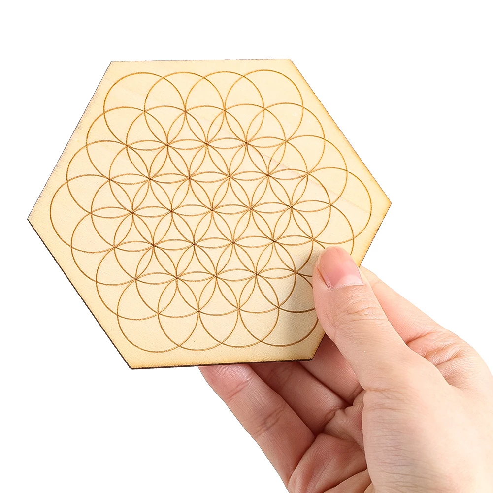 Hexagon Circle Pattern Flower of Life Wooden Decorative Panel Healing Energy Stone Meditation Board Thermal Insulation Coaster