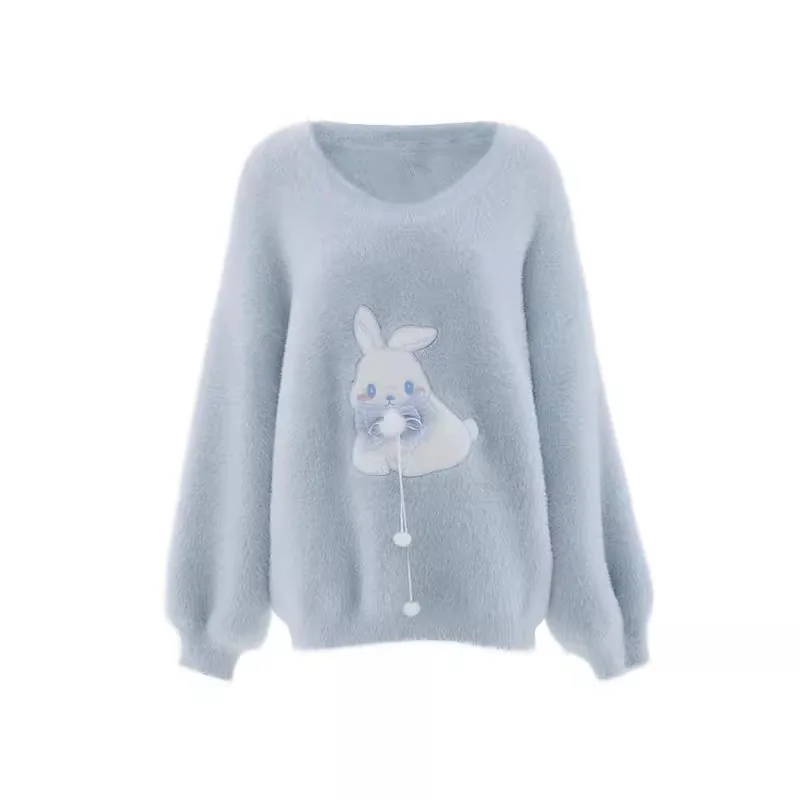 Japanese Sweet Cute Girl Cartoon Mink Fur Light Blue Loose Sweater Women's Autumn Winter New Knitwear Pullover Women's Clothing