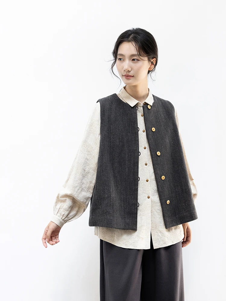 

New Le Collection Khaki Handwoven Cotton 00% Artistic Vest Simple Weave Autumn Winter Thiened round Ne Single Button