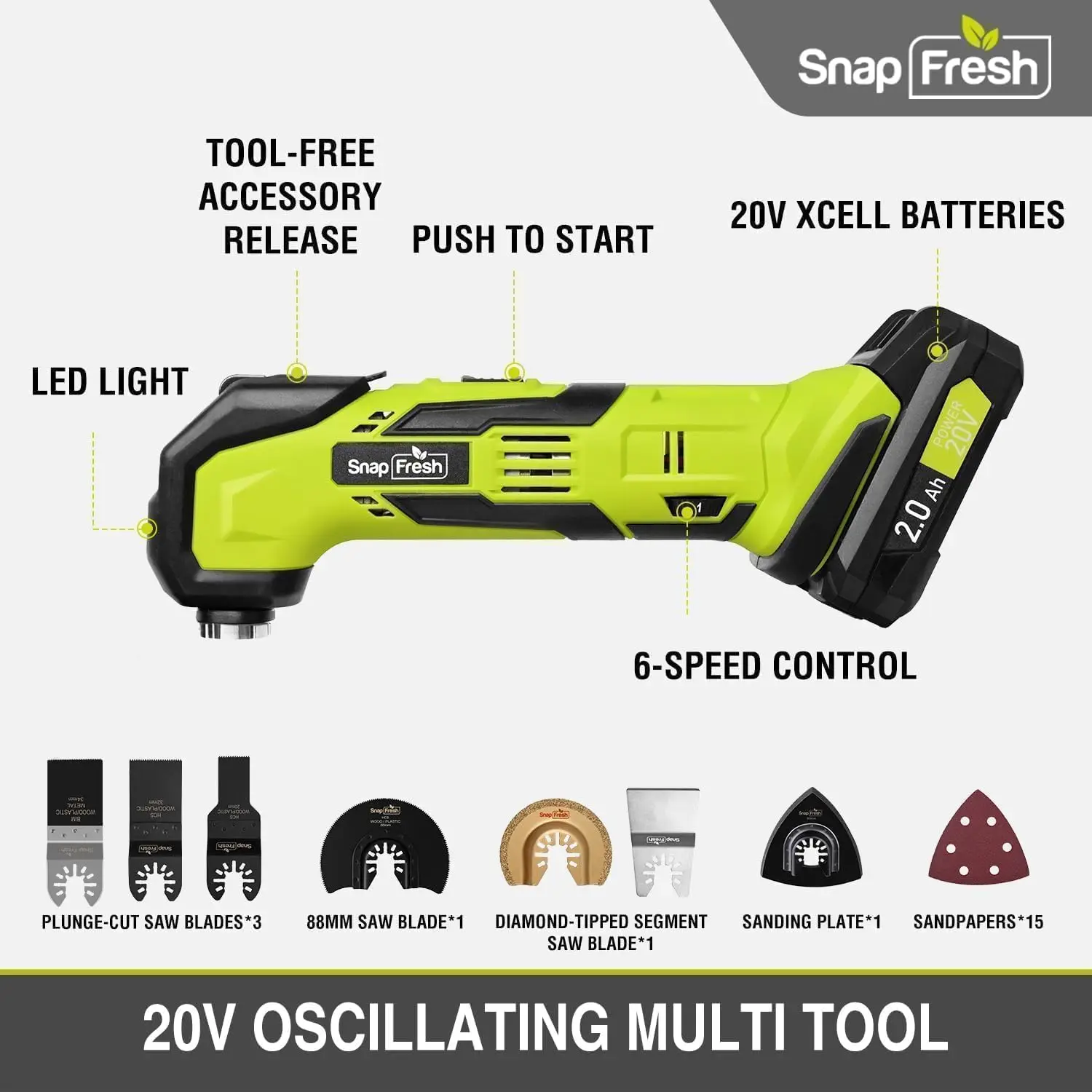 20V Cordless Oscillating Multi-Tool Kit, 6 Speeds, Quick-Lock System, 24 Accessories with Battery & Fast Charger