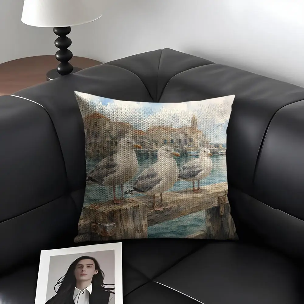 Seaside Seagull Art Cushion Cover Natural Linen Organic Fabric Double-Sided Printing Breathable Perfect Gift For Decor