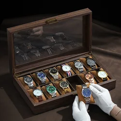 3/6/10/12 Slots Vintage Wood Grain Leather Watch Box Organizer Storage Display Boxes Watch Collection Case with Glass Top