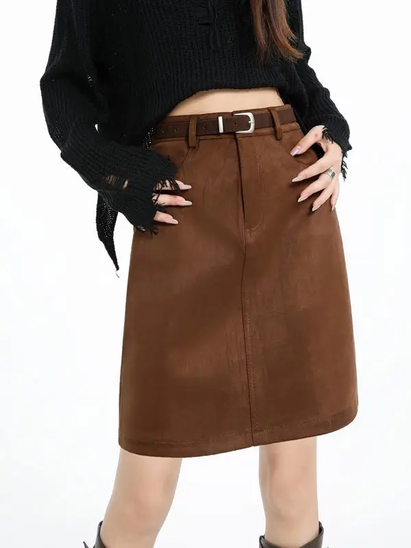 

Deerskin velvet coffee-colored high-waisted women's 2025 autumn and winter pocket slim mid-skirt, A-word hip-wrapped skirt