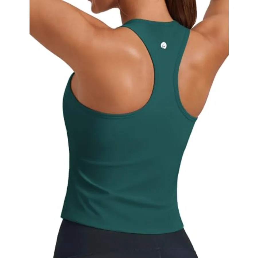 

PINSPARK Workout Tops for Women Racerback Tank Top with Built in Bras Waist Length Yoga Tops Padded Athletic Gym Shirt