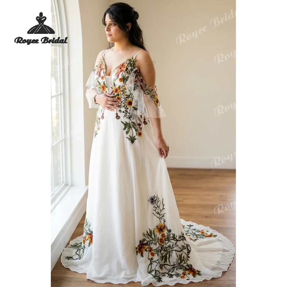 Waldblumen-Chiffon A-Linien-Hochzeitskleid 2026 Schulterfreies Besticktes Maßgeschneidertes Strand-Brautkleid Kundenspezifisches Vestido De Novia