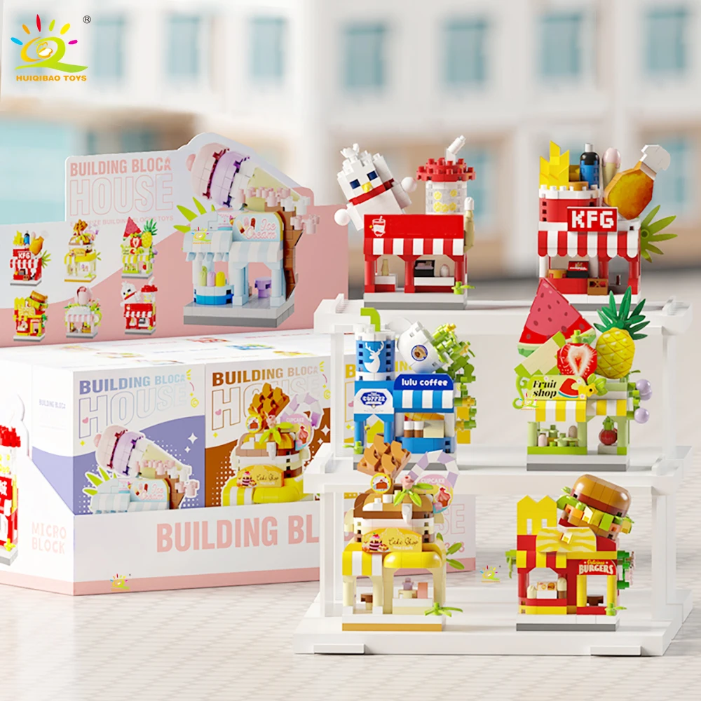 HUIQIBAO MOC Street Shop model Micro Building Block Burger Fried Flower Model Mini Brick Toy for Children Desk Decoration