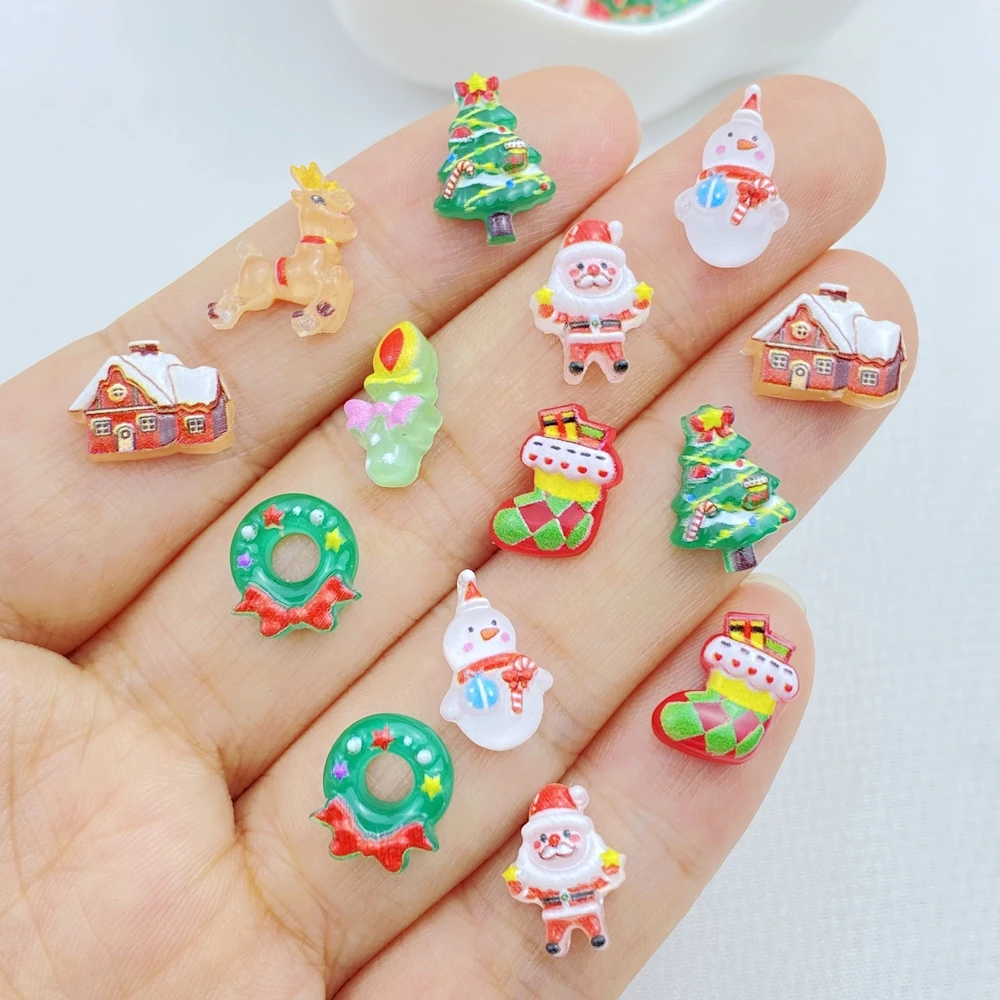 50Pcs New Cute Resin Small Santa Claus, Snowman, Tree Series Flat Back Ornament Jewelry Making Manicure Hairwear Accessories