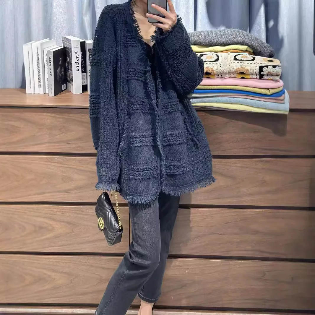 Autumn And Winter New Cardigan Women\'s 100 Pure Wool Sweater Chanel Tassel Loose Lazy Style Knitted Sweater Coat For Women