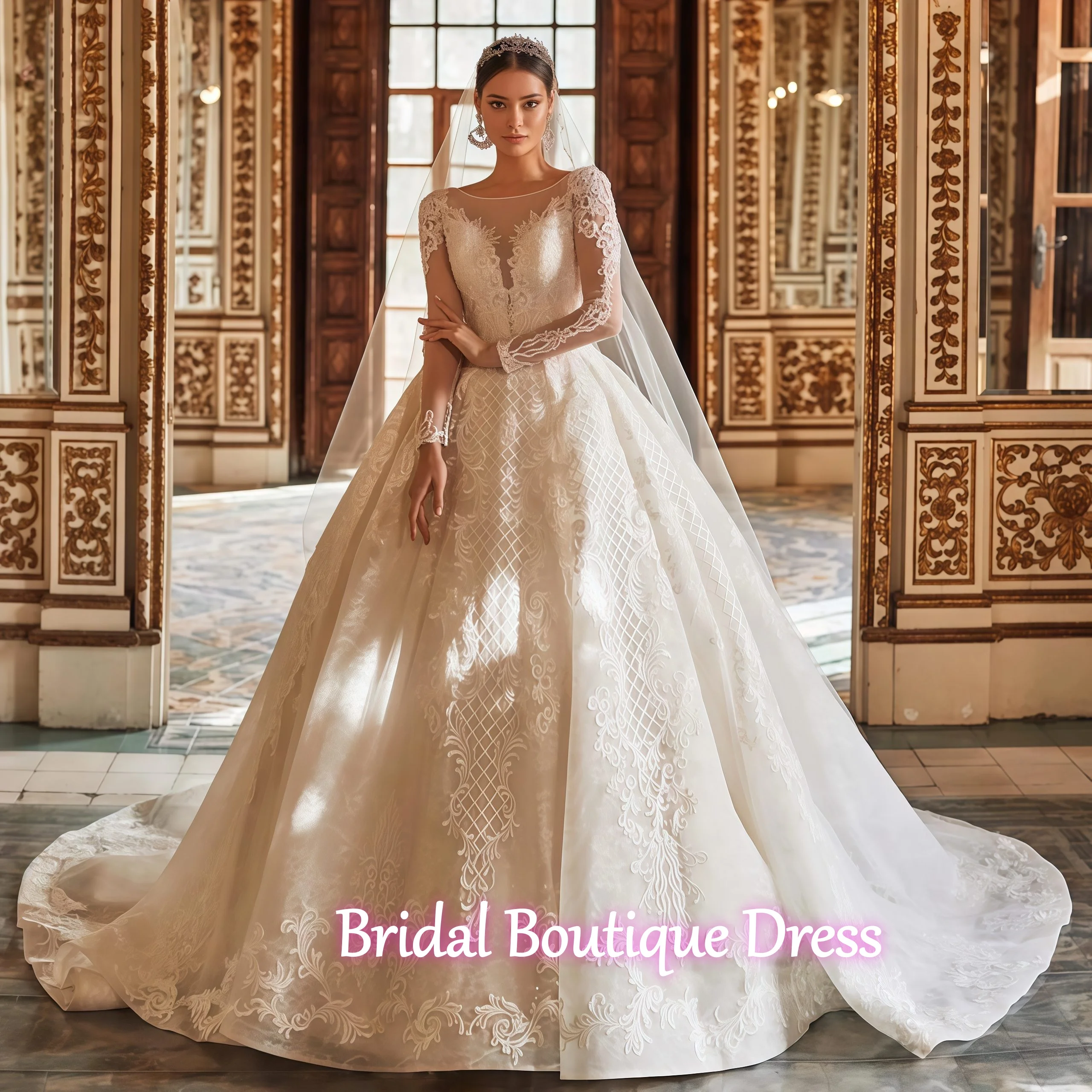 

Изысканное свадебное платье-баллон с круглым вырезом, длинными рукавами, кружевными аппликациями, винтажное, в стиле принцессы, Vestidos De Novia