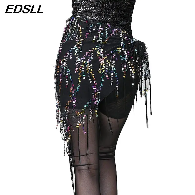 Mulheres dança do ventre lantejoulas borla cinta hip cachecol senhoras dança indiana borla lantejoulas triângulo cachecol cintura corrente acessórios de dança