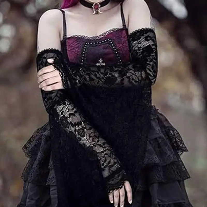 Gothic Lace Sleeves Witch Gloves Elegant Costume Airbwear dengan Sware Cuffs for Tema Pesta dan Halloween Dressing H7EF
