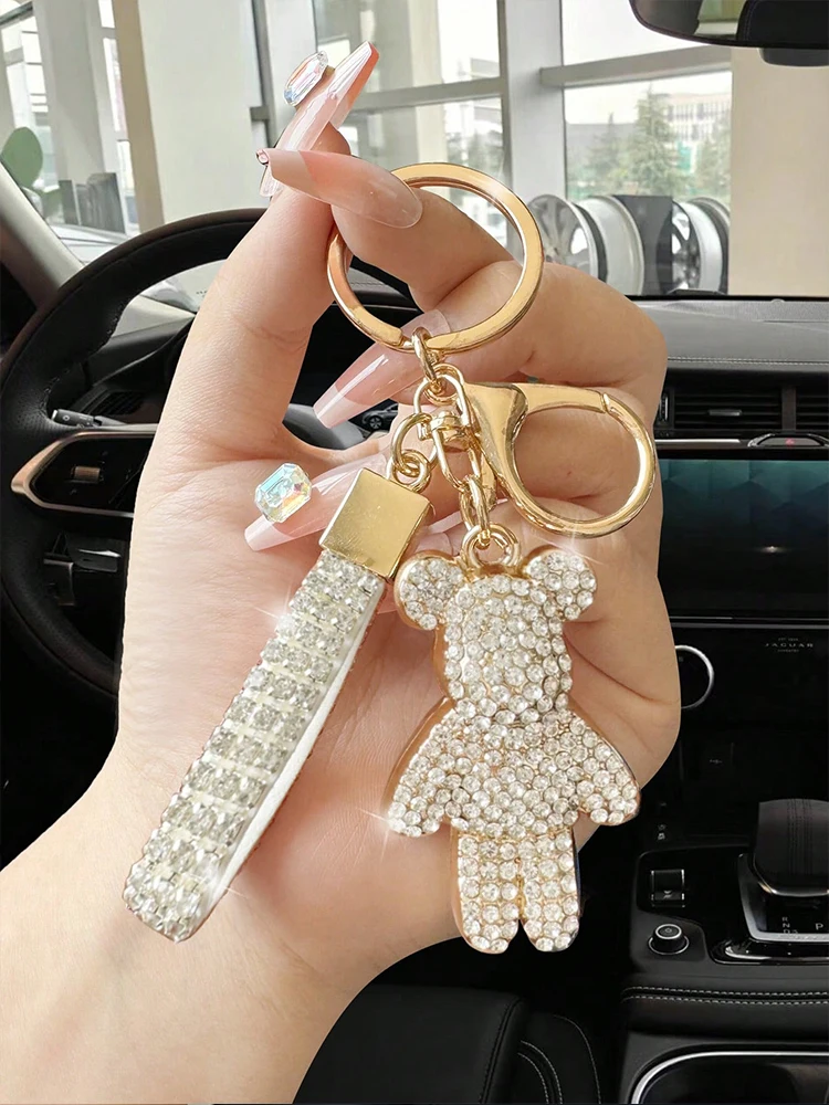 Fashionable men\'s and women\'s full diamond pink/orange/white teddy bear keychain exquisite women\'s sense of luxury car keychain