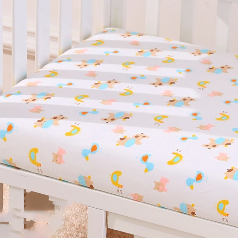 F19F Baby Fitted Sheet Newborn Cotton Soft Crib Bed Sheet Children Mattress Cover Protector Cartoon Printed Cot Pad Cover