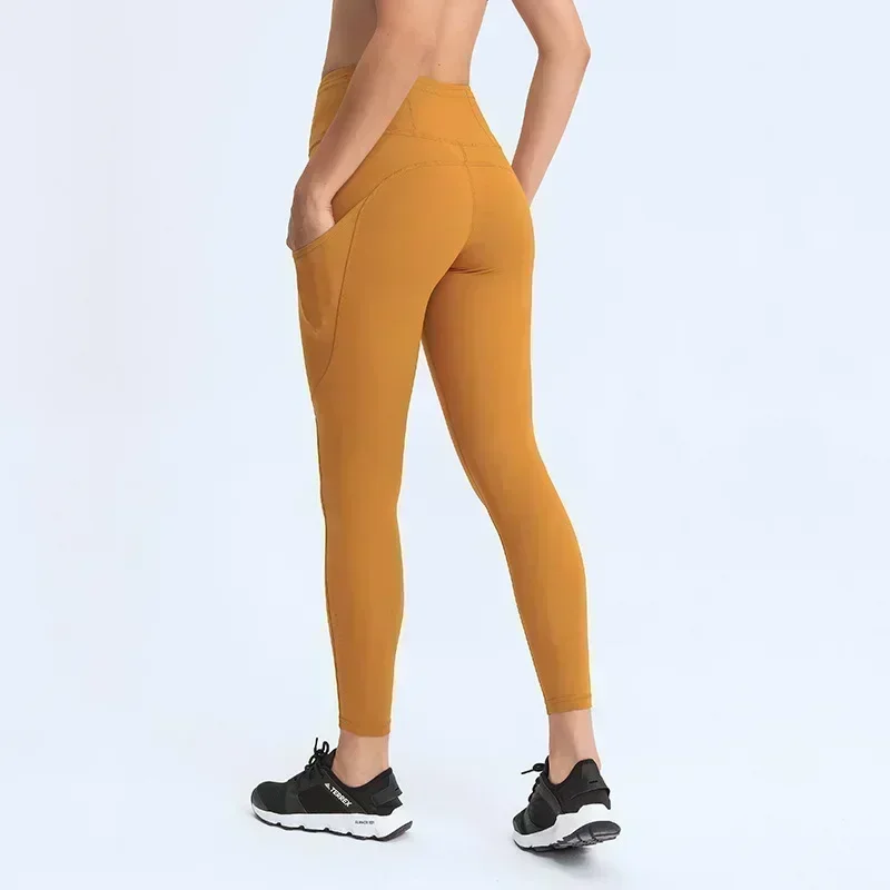 Citroen Vrouwen Hoge Taille Elasticiteit Multi-Pocket Workout Sportlegging Snelle Gratis Yogabroek 25 "Enkelbandbroek