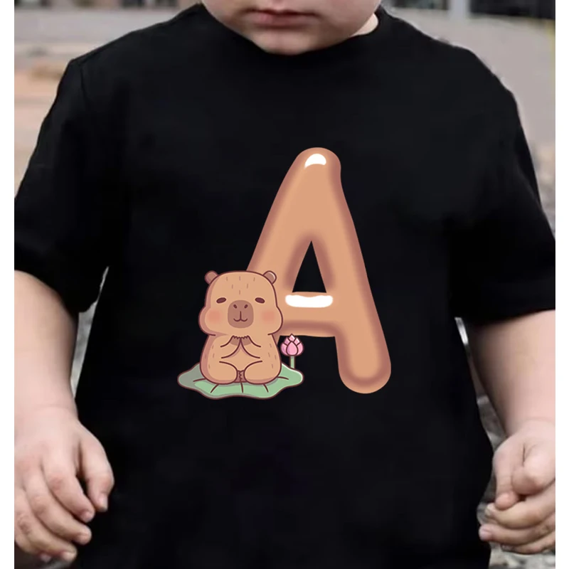 26 Alphabet Capybaras Print Kids T-Shirts Summer Short Sleeve Y2K Tops Cotton T-shirt Capybara Lover Birthday Gift Cartoon Tee