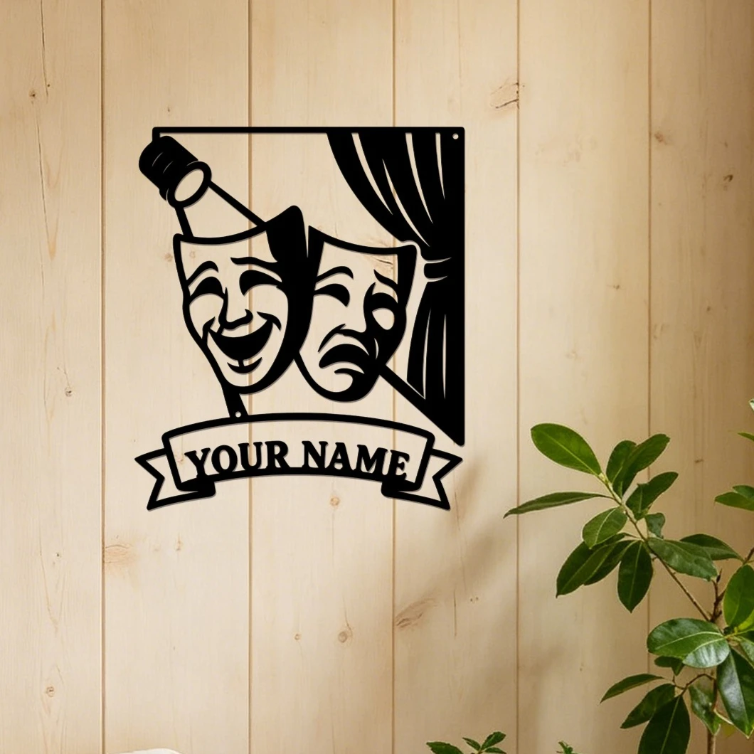 Personalized Theater Mask Metal Wall Sign,Custom Name Comedy Tragedy Mask Wall Art,Drama Stage Metal Plaque Home Decor Gift