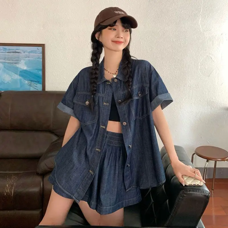 

Short Pants Set, Summer Women's Denim, Short-sleeved Shirt, Thin Cardigan Jacket, Salt-style Outfit, Two-piece Retro Top Fashion