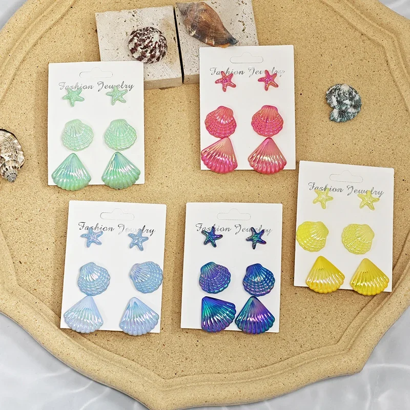 6PCS Summer Hawaiian Laser Triangular Scallop and Starfish Stud Earrings, Gradient Color Beach Vacation Earrings